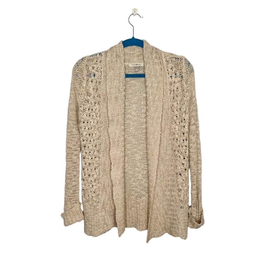 Roz & Ali Oatmeal Tan Chunky Knit Open Front Cardigan Sweater